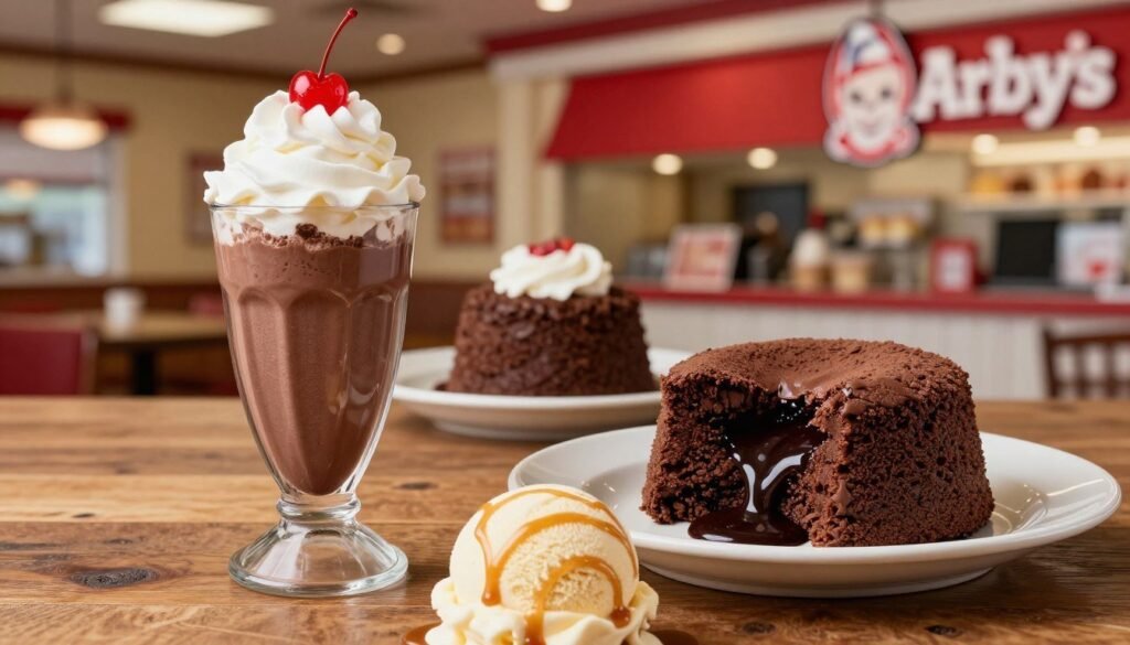 A beautifully arranged display of Arby's dessert specials, featuring a rich chocolate shake topped with whipped cream and a cherry, alongside a warm chocolate molten lava cake with a gooey center. In the foreground, place a scoop of creamy vanilla ice cream drizzled with caramel syrup. The middle ground showcases an elegant table setting with a rustic wooden surface. To the background, include a softly blurred image of an Arby’s restaurant, hinting at the brand with its signature colors and logo. The lighting is warm and inviting, capturing the sweetness of the desserts, with a focus on a slight overhead angle to emphasize the textures and details. The overall mood is delightful and appetizing, enticing viewers to indulge in these sweet deals.