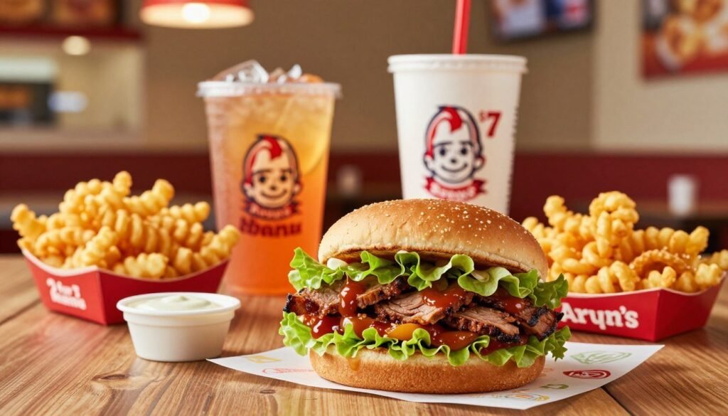 A beautifully arranged display of Arby’s fast food items emphasizing the "2 for $7 Menu" specials. In the foreground, focus on two stacked sandwiches, showcasing their layers of roasted meats, fresh lettuce, and signature sauces, accompanied by crispy curly fries in a branded paper container. In the middle ground, include a vibrant orange beverage in a classic Arby's cup, next to a small dipping sauce container. The background should feature the warm ambiance of an Arby's restaurant with soft, inviting lighting that highlights the food. The composition should capture an appetizing atmosphere, encouraging viewers to indulge in their cravings, with a slightly blurred depth of field for a professional touch. The image should evoke a sense of satisfaction and deliciousness without any text or people.