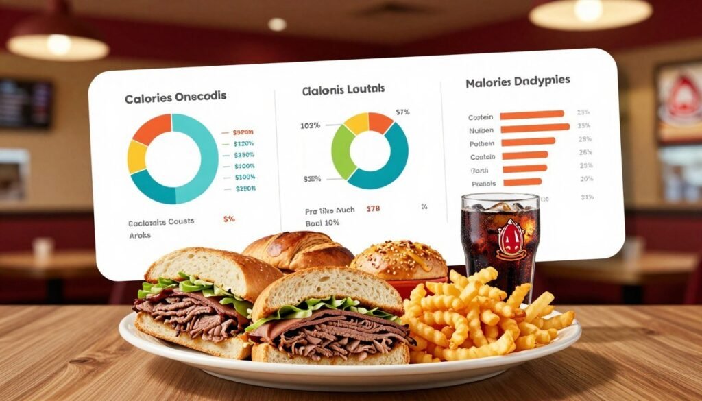 A detailed, visually appealing infographic depicting Arby's nutrition analysis. In the foreground, display a stylized plate of various Arby’s menu items including roast beef sandwiches, curly fries, and a soft drink, arranged artfully. The middle section should include colorful charts and graphs illustrating calorie counts, protein, fats, and other nutritional values in a modern design. The background features a warm, inviting restaurant setting with soft, ambient lighting to create a cozy atmosphere. Use a slightly elevated angle to capture this inviting scene, emphasizing both the food and the informative graphics. The overall mood is informative yet appetizing, designed to engage readers visually while maintaining clarity and focus on nutrition analysis.