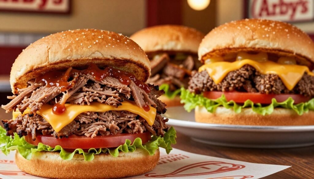 A mouthwatering close-up of Arby's secret beef creations, featuring a variety of creatively stacked beef sandwiches. In the foreground, showcase a classic roast beef sandwich with layers of shredded beef, melted cheese, and savory sauces, garnished with fresh lettuce and tomatoes. In the middle, include a unique beef brisket sandwich and a loaded beef and cheddar combination, all on toasted, golden buns. The background should depict a cozy Arby's restaurant interior with warm lighting that creates an inviting atmosphere, emphasizing a sense of indulgence. Capture the scene from a slight angle to highlight the delicious textures and colors of the beef, ensuring that the mood is appetizing and appealing, suggesting a hidden treasure of flavors.