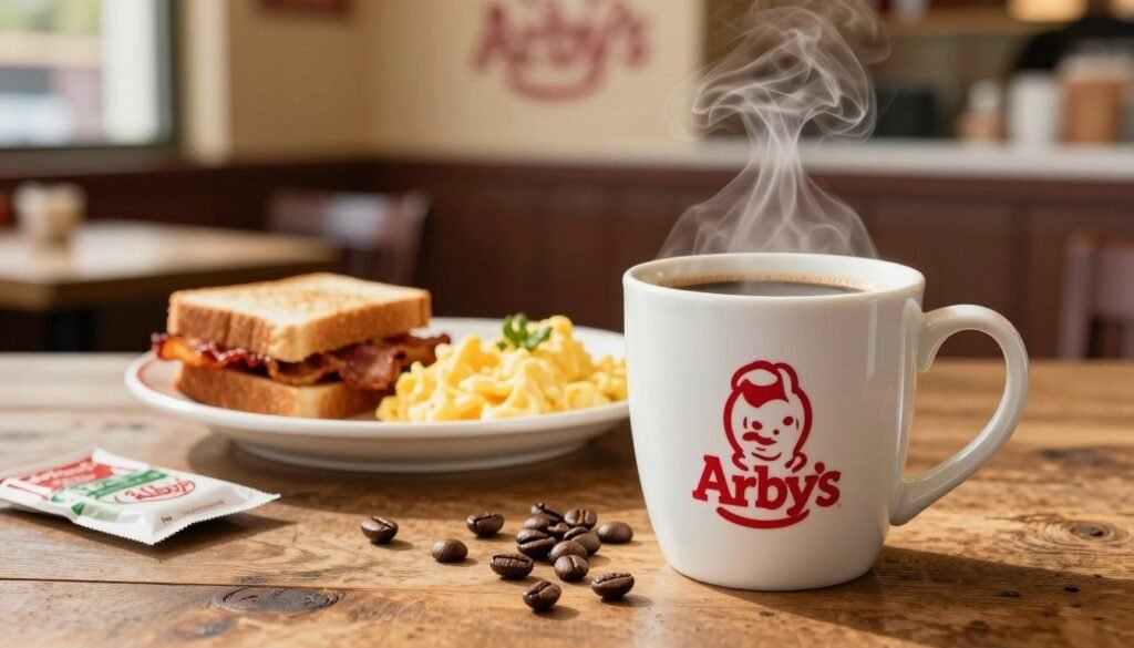 A steaming cup of rich, aromatic coffee from Arby's, placed on a rustic wooden table. The foreground features the coffee cup adorned with the Arby's logo, surrounded by a light scattering of coffee beans and a few sugar packets. In the middle, include a tempting plate of breakfast items like a crispy bacon sandwich and fluffy scrambled eggs, showcasing the breakfast offerings. The background softly blurs a warm, welcoming Arby's restaurant interior with subtle morning light filtering through the windows. Use natural lighting to create a cozy atmosphere, highlighting the steam rising from the coffee. Capture the scene at a 45-degree angle to add depth, conveying a sense of comfort and inviting warmth.
