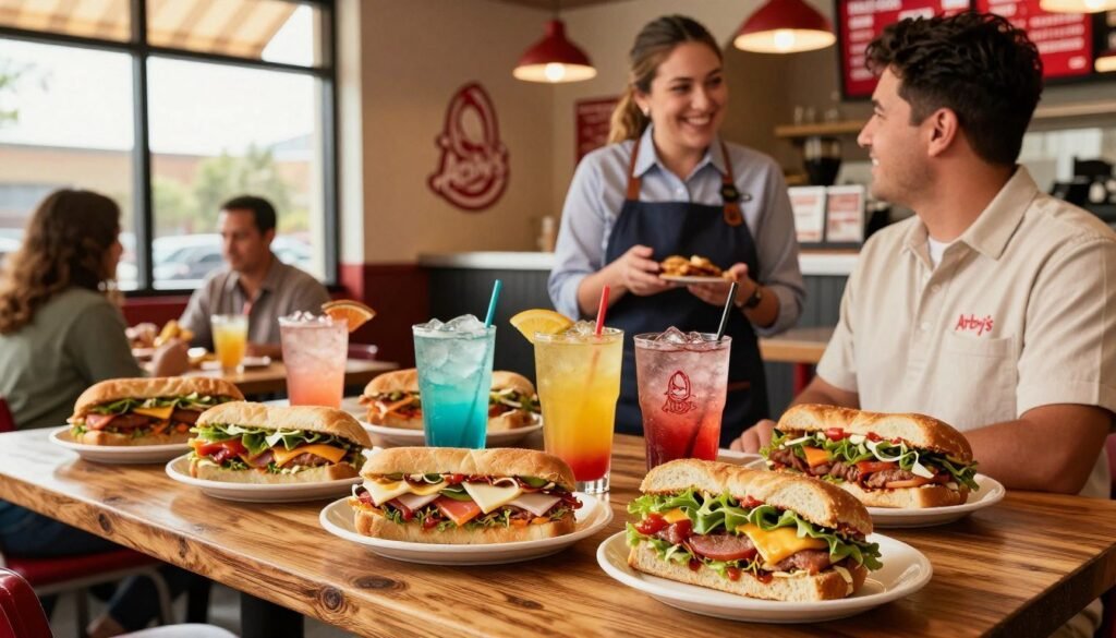 A vibrant Arby's restaurant setting during Happy Hour, showcasing various seasonal and regional menu items vividly displayed on a rustic wooden table. In the foreground, a selection of limited-time regional drinks and sandwiches, featuring colorful sauces and fresh ingredients, arranged invitingly. In the middle ground, friendly staff in smart, casual attire engaging with guests, radiating warmth and hospitality. The background highlights a cozy dining area with stylish decor and warm lighting, creating an inviting atmosphere. Soft sunlight filters through large windows, enhancing the cheerful vibe. Focused shot with a slight tilt-angle for dynamic composition, emphasizing the enticing food and inviting ambiance.