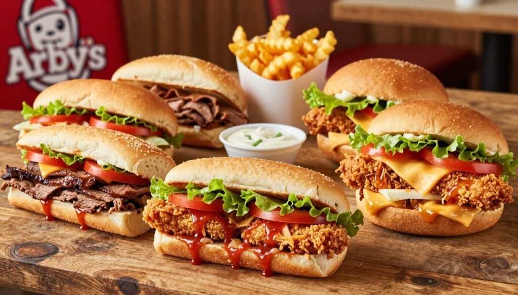 A vibrant display of Arby's value menu sandwiches arranged artistically on a rustic wooden table. In the foreground, several mouth-watering sandwiches are showcased, including the classic roast beef, crispy chicken, and beef 'n cheddar, all under $3. Each sandwich is garnished with fresh lettuce and tomatoes, with drips of sauce invitingly visible. The middle ground features a small dipping sauce and a side of curly fries, creating an inviting, appetizing look. The background includes a softly blurred hint of Arby's branding and a cozy diner atmosphere, with warm, natural lighting captured from a slightly elevated angle to highlight the texture and colors of the food. The mood is cheerful and inviting, suitable for showcasing affordable yet delicious eating options. A vibrant display of Arby's value menu sandwiches arranged artistically on a rustic wooden table. In the foreground, several mouth-watering sandwiches are showcased, including the classic roast beef, crispy chicken, and beef 'n cheddar, all under $3. Each sandwich is garnished with fresh lettuce and tomatoes, with drips of sauce invitingly visible. The middle ground features a small dipping sauce and a side of curly fries, creating an inviting, appetizing look. The background includes a softly blurred hint of Arby's branding and a cozy diner atmosphere, with warm, natural lighting captured from a slightly elevated angle to highlight the texture and colors of the food. The mood is cheerful and inviting, suitable for showcasing affordable yet delicious eating options.