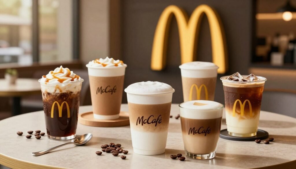 A beautifully arranged display of McDonald's McCafé coffee drinks, featuring a variety of beverages such as a rich caramel macchiato, a frothy cappuccino, and a refreshing iced coffee. In the foreground, the drinks are served in branded McCafé cups, each showcasing different layers of coffee and cream, with a drizzle of syrup on top. Adorning the scene are coffee beans and an elegant spoon. The middle layer includes a soft, inviting café table with subtle décor elements, offering a warm atmosphere. In the background, softly blurred golden arches of a McDonald's location are illuminated by gentle afternoon sunlight, creating a cozy ambiance. The mood is inviting and refreshing, perfect for a midday coffee break, captured with a shallow depth of field and crisp focus on the drinks. A beautifully arranged display of McDonald's McCafé coffee drinks, featuring a variety of beverages such as a rich caramel macchiato, a frothy cappuccino, and a refreshing iced coffee. In the foreground, the drinks are served in branded McCafé cups, each showcasing different layers of coffee and cream, with a drizzle of syrup on top. Adorning the scene are coffee beans and an elegant spoon. The middle layer includes a soft, inviting café table with subtle décor elements, offering a warm atmosphere. In the background, softly blurred golden arches of a McDonald's location are illuminated by gentle afternoon sunlight, creating a cozy ambiance. The mood is inviting and refreshing, perfect for a midday coffee break, captured with a shallow depth of field and crisp focus on the drinks.