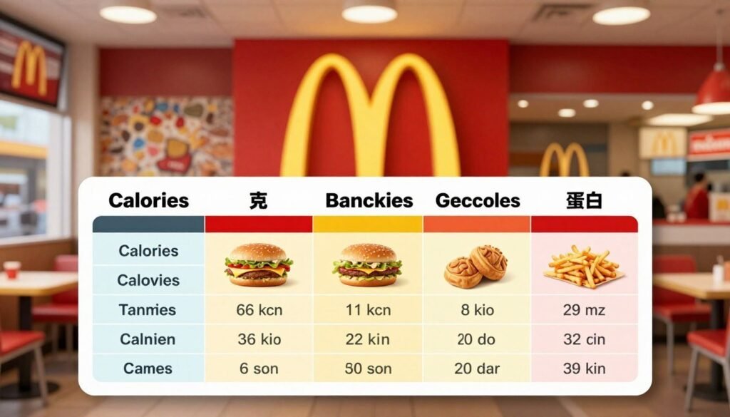 A detailed and visually engaging infographic showcasing the nutrition facts of McDonald's Dollar Menu items. In the foreground, display a neatly organized chart with colorful sections highlighting calories, fat content, carbohydrates, and protein for each item, presented in a clean font. The middle ground features a stylized backdrop of a classic McDonald's restaurant interior, complete with the iconic red and yellow color scheme, adding a cheerful atmosphere. The background should be softly blurred to emphasize the chart, with warm overhead lighting to create a welcoming feel. The image captures a sense of health awareness and affordability, making it suitable for an informative article on fast food dining. A detailed and visually engaging infographic showcasing the nutrition facts of McDonald's Dollar Menu items. In the foreground, display a neatly organized chart with colorful sections highlighting calories, fat content, carbohydrates, and protein for each item, presented in a clean font. The middle ground features a stylized backdrop of a classic McDonald's restaurant interior, complete with the iconic red and yellow color scheme, adding a cheerful atmosphere. The background should be softly blurred to emphasize the chart, with warm overhead lighting to create a welcoming feel. The image captures a sense of health awareness and affordability, making it suitable for an informative article on fast food dining.