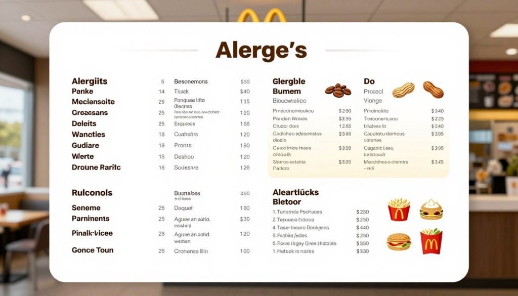 A highly detailed McDonald's allergen chart displayed prominently on a clean, white background. In the foreground, the chart is neatly organized with clear sections showing various menu items alongside corresponding allergen information including icons for peanuts, dairy, gluten, and soy. In the middle layer, include a subtle gradient that draws the eye towards the chart, enhancing clarity. The background should be soft and unobtrusive, perhaps a faint outline of a familiar McDonald's restaurant, suggesting a safe dining atmosphere. The lighting should be bright and crisp, similar to that of an office environment, ensuring all text and icons are easily readable. The overall mood is informative and professional, emphasizing safety in dining choices.