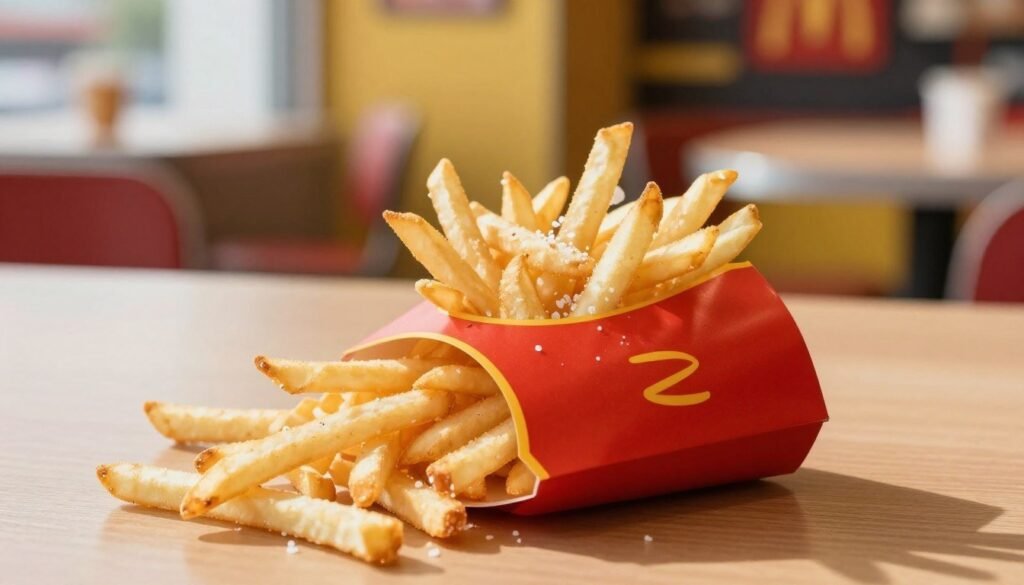 A serving of golden, crispy McDonald's French fries served in a classic red carton, placed on a clean wooden table. The fries are artfully scattered around the carton, with a few sprinkles of sea salt glistening on the surface. The background features a soft-focus, vibrant McDonald's restaurant interior, with its iconic yellow and red decor, evoking a sense of warmth and familiarity. Natural light streams in from a nearby window, casting subtle shadows and highlighting the texture of the fries. The atmosphere is inviting and appetizing, conveying the idea of comfort food. The image should be shot from a slightly elevated angle, capturing the tempting allure of the fries while ensuring the focus remains on the food itself. No text or markings are included.
