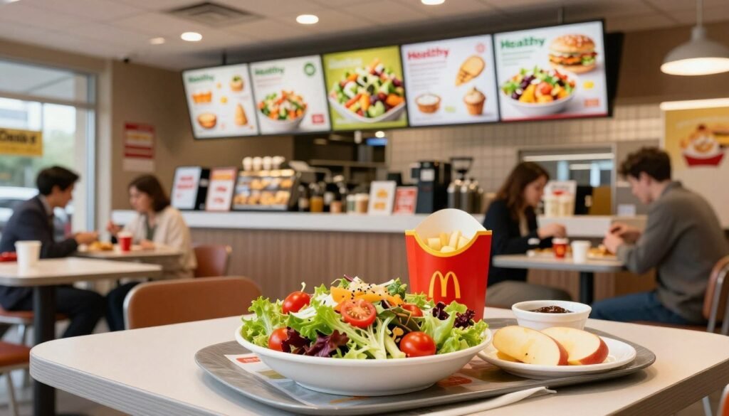 A vibrant McDonald's restaurant interior showcasing an array of healthy menu options. In the foreground, a beautifully arranged table features a colorful garden salad with fresh greens, cherry tomatoes, and a light vinaigrette, alongside a side of apple slices and a low-calorie dipping sauce. The middle ground displays a visual of the menu board highlighting the healthy options, with clear and appetizing images of salads and sides. In the background, the clean, modern design of the restaurant is illuminated by soft, ambient lighting, creating a welcoming atmosphere. A few patrons in smart casual attire enjoy their meals, adding to the sense of community and healthy dining. The angle captures an inviting atmosphere, emphasizing nutrition and balance in fast food eating. A vibrant McDonald's restaurant interior showcasing an array of healthy menu options. In the foreground, a beautifully arranged table features a colorful garden salad with fresh greens, cherry tomatoes, and a light vinaigrette, alongside a side of apple slices and a low-calorie dipping sauce. The middle ground displays a visual of the menu board highlighting the healthy options, with clear and appetizing images of salads and sides. In the background, the clean, modern design of the restaurant is illuminated by soft, ambient lighting, creating a welcoming atmosphere. A few patrons in smart casual attire enjoy their meals, adding to the sense of community and healthy dining. The angle captures an inviting atmosphere, emphasizing nutrition and balance in fast food eating.