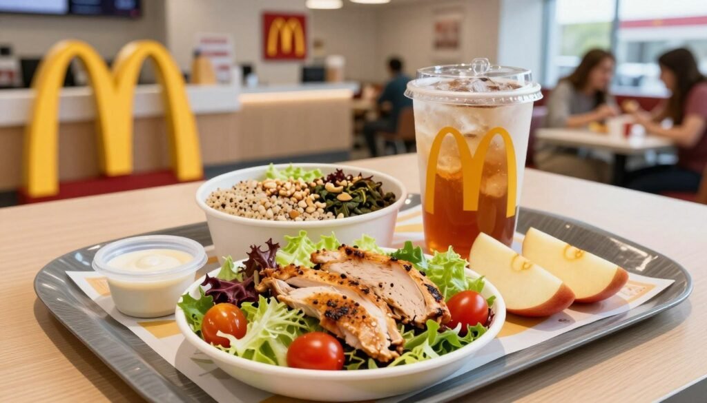A vibrant McDonald's tray showcasing a selection of healthy meal options in a well-lit fast-food environment. In the foreground, feature a colorful salad with fresh mixed greens, cherry tomatoes, and grilled chicken, beside a small container of low-fat dressing. Next to it, a side of apple slices and a cup of unsweetened iced tea. In the middle, a quinoa and spinach bowl, artfully arranged with a sprinkle of nuts. The background displays the recognizable McDonald's logo and a bright, clean dining area with cheerful patrons enjoying their meals. Capture the scene from a slightly elevated angle to emphasize the freshness of the food, with warm, inviting lighting to create a friendly atmosphere. A vibrant McDonald's tray showcasing a selection of healthy meal options in a well-lit fast-food environment. In the foreground, feature a colorful salad with fresh mixed greens, cherry tomatoes, and grilled chicken, beside a small container of low-fat dressing. Next to it, a side of apple slices and a cup of unsweetened iced tea. In the middle, a quinoa and spinach bowl, artfully arranged with a sprinkle of nuts. The background displays the recognizable McDonald's logo and a bright, clean dining area with cheerful patrons enjoying their meals. Capture the scene from a slightly elevated angle to emphasize the freshness of the food, with warm, inviting lighting to create a friendly atmosphere.
