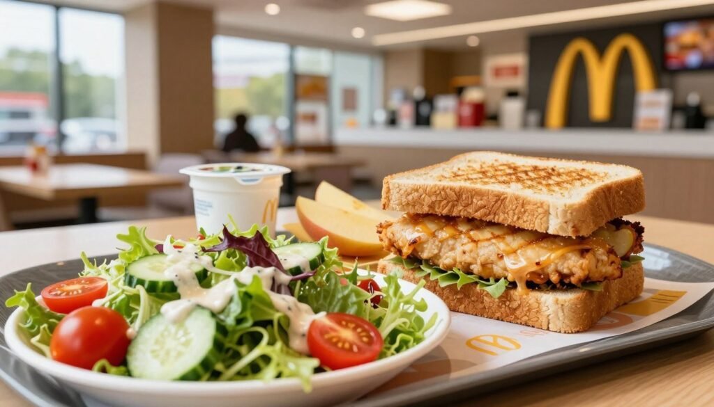 A vibrant and appetizing display of McDonald's healthier menu options, featuring a colorful salad with fresh greens, cherry tomatoes, cucumbers, and a light vinaigrette dressing in the foreground. A grilled chicken sandwich on whole grain bread, complemented by apple slices and a small container of low-fat yogurt, is arranged neatly in the middle. In the background, a bright McDonald's restaurant interior is visible, showcasing modern decor and a welcoming atmosphere. The scene is well-lit with natural light streaming in through large windows, creating a warm and inviting ambiance. A shallow depth of field focuses on the food items, emphasizing their freshness and appeal. A vibrant and appetizing display of McDonald's healthier menu options, featuring a colorful salad with fresh greens, cherry tomatoes, cucumbers, and a light vinaigrette dressing in the foreground. A grilled chicken sandwich on whole grain bread, complemented by apple slices and a small container of low-fat yogurt, is arranged neatly in the middle. In the background, a bright McDonald's restaurant interior is visible, showcasing modern decor and a welcoming atmosphere. The scene is well-lit with natural light streaming in through large windows, creating a warm and inviting ambiance. A shallow depth of field focuses on the food items, emphasizing their freshness and appeal.