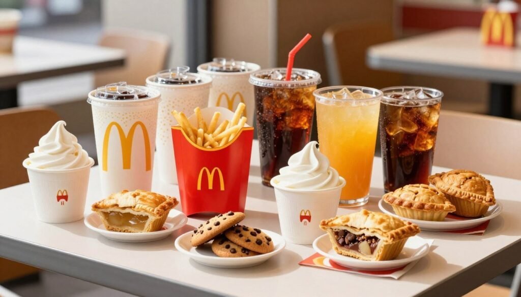 A vibrant arrangement of McDonald's Value Menu drinks and desserts displayed on a sleek, modern table. Foreground features a variety of colorful soft drinks in iconic McDonald's cups, with bright red straws, showcasing flavors like cola, orange, and iced coffee. Accompanying the drinks are delectable desserts, including creamy vanilla soft serve in a cup, warm apple pies with golden crust, and chocolate chip cookies, all presented appealingly. In the middle, the focus is on a cheerful ambiance with natural sunlight streaming in, enhancing the colors of the beverages and pastries. The background features a faint outline of a McDonald's restaurant interior, adding to the authenticity. Use soft lighting to create a warm and inviting atmosphere, emphasizing freshness and indulgence. The composition should evoke a sense of nostalgia and comfort, appealing to fast-food enthusiasts. A vibrant arrangement of McDonald's Value Menu drinks and desserts displayed on a sleek, modern table. Foreground features a variety of colorful soft drinks in iconic McDonald's cups, with bright red straws, showcasing flavors like cola, orange, and iced coffee. Accompanying the drinks are delectable desserts, including creamy vanilla soft serve in a cup, warm apple pies with golden crust, and chocolate chip cookies, all presented appealingly. In the middle, the focus is on a cheerful ambiance with natural sunlight streaming in, enhancing the colors of the beverages and pastries. The background features a faint outline of a McDonald's restaurant interior, adding to the authenticity. Use soft lighting to create a warm and inviting atmosphere, emphasizing freshness and indulgence. The composition should evoke a sense of nostalgia and comfort, appealing to fast-food enthusiasts.