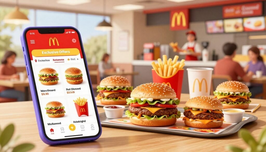 A vibrant digital illustration showcasing McDonald's App Exclusive Offers. In the foreground, a colorful smartphone displays the McDonald's app interface with enticing food images, like burgers and fries, appearing on the screen. In the middle, several appetizing menu items are presented on a wooden table, beautifully arranged with dipping sauces and promotional banners subtly hinting at app-exclusive deals. The background features a modern McDonald's setting, with soft-focus elements such as the iconic logo, cheerful staff serving customers, and bright, inviting decor. The lighting is warm and cheerful, suggesting a friendly atmosphere conducive to dining. Capture the excitement and appeal of discovering delicious deals through the app, evoking a sense of enjoyment and discovery.