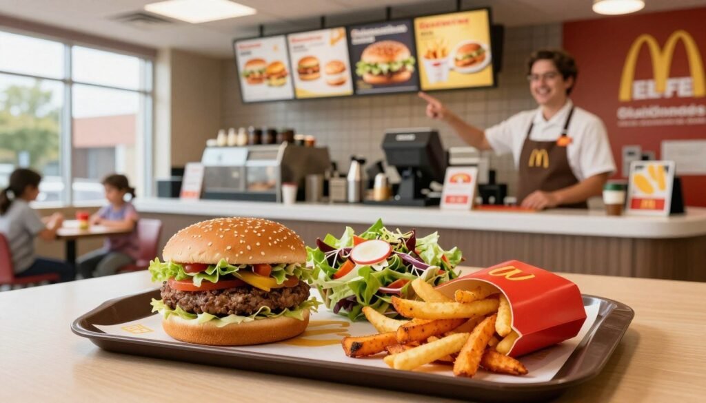 A vibrant, inviting scene showcasing gluten-free fast food options at McDonald's. In the foreground, a neatly arranged tray displaying a gluten-free burger, fresh salad, and sweet potato fries, beautifully presented. The middle ground features a McDonald's counter with a friendly staff member wearing a professional uniform, smiling while pointing at the gluten-free options on the menu board. In the background, the iconic McDonald's interior with bright colors and casual family-friendly seating adds a welcoming atmosphere. Soft, natural lighting pours in from large windows, creating a warm and inviting feel. The angle is slightly overhead, emphasizing the food presentation and the vibrant ambience, while maintaining a sense of approachability and excitement around enjoying gluten-free choices. A vibrant, inviting scene showcasing gluten-free fast food options at McDonald's. In the foreground, a neatly arranged tray displaying a gluten-free burger, fresh salad, and sweet potato fries, beautifully presented. The middle ground features a McDonald's counter with a friendly staff member wearing a professional uniform, smiling while pointing at the gluten-free options on the menu board. In the background, the iconic McDonald's interior with bright colors and casual family-friendly seating adds a welcoming atmosphere. Soft, natural lighting pours in from large windows, creating a warm and inviting feel. The angle is slightly overhead, emphasizing the food presentation and the vibrant ambience, while maintaining a sense of approachability and excitement around enjoying gluten-free choices.