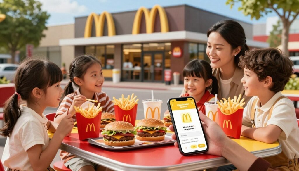 A vibrant, inviting scene showcasing the McDonald's MyMcDonald's Rewards program. In the foreground, a happy family of four—dressed in smart casual attire—enjoys their meals at a bright red and yellow McDonald's table, with a mobile phone displaying the rewards app prominently featured. In the middle, various McDonald's menu items like burgers, fries, and drinks are artfully arranged, showcasing the enticing food options. The background features the iconic McDonald's restaurant, with its golden arches, surrounded by greenery. Soft, warm lighting enhances the cheerful atmosphere, creating a sense of community and enjoyment. Capture the perspective from a slightly elevated angle to encompass both the family and the enticing food. A vibrant, inviting scene showcasing the McDonald's MyMcDonald's Rewards program. In the foreground, a happy family of four—dressed in smart casual attire—enjoys their meals at a bright red and yellow McDonald's table, with a mobile phone displaying the rewards app prominently featured. In the middle, various McDonald's menu items like burgers, fries, and drinks are artfully arranged, showcasing the enticing food options. The background features the iconic McDonald's restaurant, with its golden arches, surrounded by greenery. Soft, warm lighting enhances the cheerful atmosphere, creating a sense of community and enjoyment. Capture the perspective from a slightly elevated angle to encompass both the family and the enticing food.