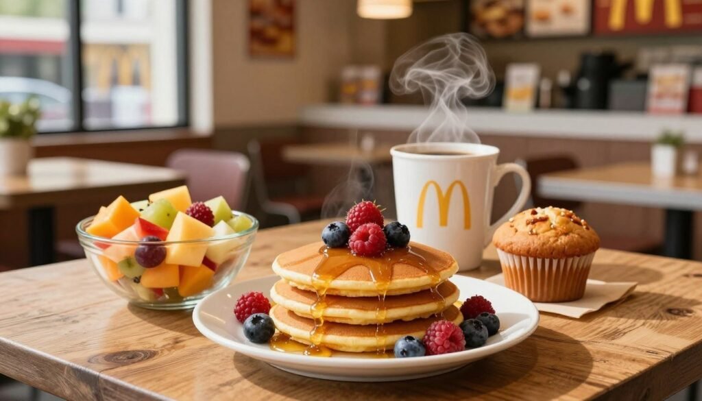 A visually appealing display of gluten-free breakfast options inspired by McDonald's, centered on a rustic wooden table. In the foreground, a vibrant plate features a fluffy gluten-free pancake stack, drizzled with maple syrup and topped with fresh berries. Next to it, a bowl of fruit salad brimming with colorful, diced seasonal fruits provides a fresh contrast. In the middle ground, a steaming cup of coffee emits wisps of steam, alongside a glazed gluten-free muffin. The background showcases a cozy and inviting McDonald’s restaurant interior, filled with warm, natural lighting filtering through large windows. The overall atmosphere is cheerful and appetizing, inviting viewers to indulge in delicious gluten-free breakfast choices. A visually appealing display of gluten-free breakfast options inspired by McDonald's, centered on a rustic wooden table. In the foreground, a vibrant plate features a fluffy gluten-free pancake stack, drizzled with maple syrup and topped with fresh berries. Next to it, a bowl of fruit salad brimming with colorful, diced seasonal fruits provides a fresh contrast. In the middle ground, a steaming cup of coffee emits wisps of steam, alongside a glazed gluten-free muffin. The background showcases a cozy and inviting McDonald’s restaurant interior, filled with warm, natural lighting filtering through large windows. The overall atmosphere is cheerful and appetizing, inviting viewers to indulge in delicious gluten-free breakfast choices.