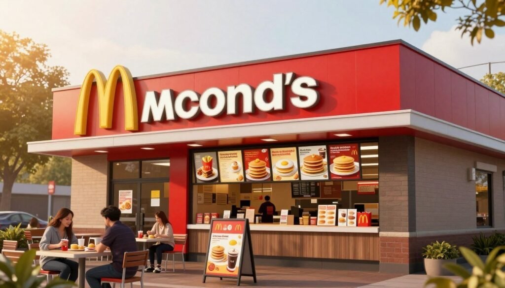 A welcoming McDonald's restaurant exterior during morning hours, showcasing the iconic golden arches and bright red colors. In the foreground, a cozy outdoor seating area with a few customers enjoying their breakfast. In the middle, a prominently displayed menu board with breakfast items such as pancakes, eggs, and coffee, but with no text or writing visible. The background features soft morning light, hues of orange and yellow filtering through the trees, creating a warm and inviting atmosphere. The angle is slightly elevated, capturing both the restaurant and customers, adding a sense of community. Aim for a friendly, upbeat mood, reflecting the joy of starting the day with McDonald's breakfast offerings.
