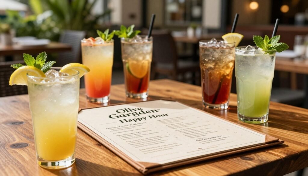 A beautifully arranged Olive Garden Happy Hour Menu displayed on a wooden table, featuring vibrant images of refreshing beverages like colorful cocktails, iced teas, and lemonades. The foreground showcases a close-up of a signature cocktail garnished with lemon and fresh mint, glistening in the sunlight. In the middle, the menu is elegantly styled, with a rustic design that reflects the Olive Garden brand, highlighting special promotions. Background elements include softly blurred dining patio settings with greenery and warm, inviting lighting that creates a cheerful atmosphere. The image captures a delightful ambiance, perfect for a relaxing happy hour, evoking feelings of warmth and sociability. The shot should be taken from a slightly elevated angle to emphasize the menu and drinks.