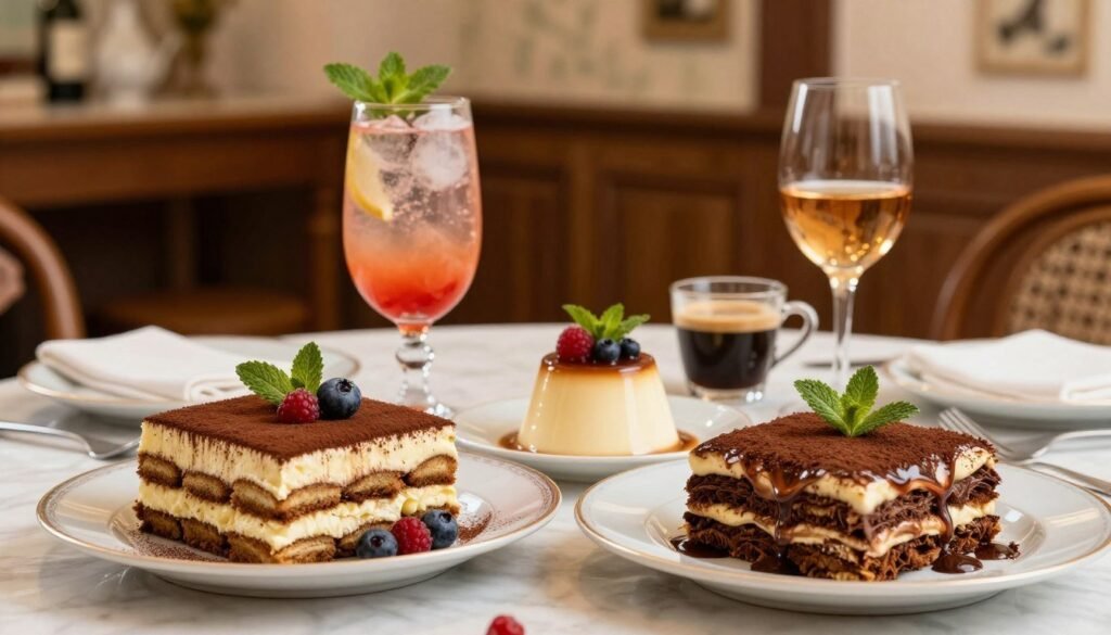 A beautifully arranged dining table showcasing Olive Garden dessert pairings, featuring a rich Tiramisu, creamy Panna Cotta, and decadent Chocolate Lasagna. Each dessert is complemented with elegant glassware filled with suitable beverages like a fruity Italian soda, a rich espresso, and a sweet dessert wine. The foreground highlights the desserts, adorned with fresh berries and mint leaves for garnish. In the middle, the elegant glassware sparkles under soft, warm lighting, creating a cozy and inviting atmosphere. The background features a softly blurred Olive Garden setting, hinting at rustic wooden furniture and charming decor. The image should capture a delightful mood, evoking the joy of indulgence in sweet treats after a meal. The scene is shot at a slight angle to create depth, with a shallow depth of field emphasizing the desserts and beverages.