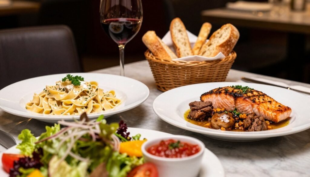 A beautifully arranged dining table showcasing Olive Garden's chicken and pork entrees, featuring a plate of rich Chicken Alfredo, tender Herb-Grilled Salmon, and savory Pork Osso Buco, garnished with fresh herbs. The foreground features a gourmet salad with vibrant colors and a small bowl of marinara sauce. In the middle ground, a glass of red wine and a basket of warm breadsticks add a touch of warmth. The background softly blurs into a cozy restaurant setting with dim lighting, creating an inviting atmosphere. The scene captures a delightful dining experience, emphasizing the delicious, satisfying nature of the dishes. Soft, warm lighting enhances the appetizing look of the food, inviting viewers to indulge.