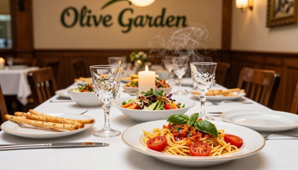A beautifully arranged gluten-free dining setting at Olive Garden, showcasing an inviting table laden with colorful, gluten-free dishes like pasta, salads, and breadsticks. In the foreground, a vibrant plate of gluten-free pasta garnished with fresh basil and tomatoes, steam wafting up, conveying warmth and deliciousness. In the middle, a elegantly set dining table with tasteful decor, including sparkling glasses and flickering candles, emphasizing a welcoming ambiance. The background features the signature Olive Garden interior, with warm lighting and wooden accents, creating a cozy, family-friendly atmosphere. The scene is captured in soft focused depth, using a wide-angle lens to give a sense of space while keeping the food as the main focal point, evoking a mood of satisfaction and delicious anticipation.