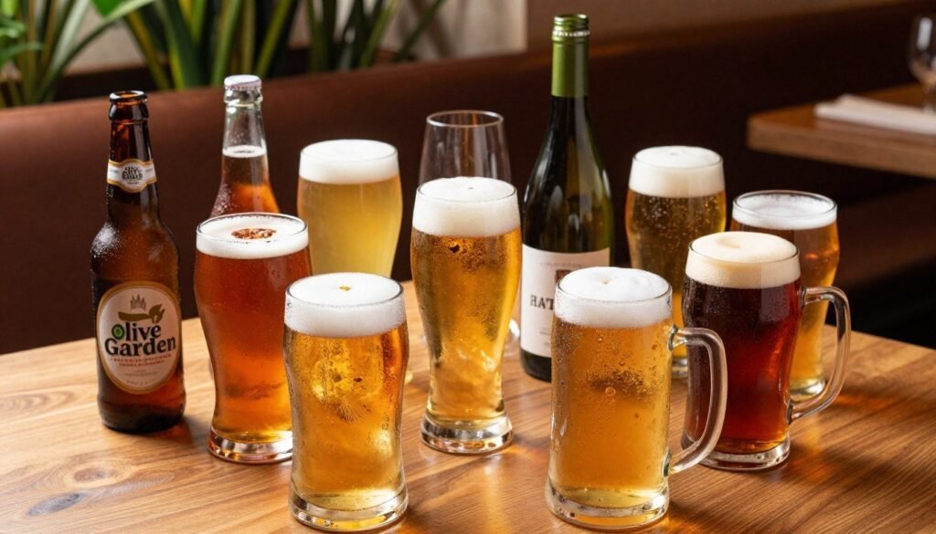 A beautifully arranged table showcasing Olive Garden's beer options, including a variety of craft and imported beers in frosty glass mugs and bottles. In the foreground, focus on a sparkling light lager and a rich amber ale, both prominently displayed with condensation glistening on the glass. The middle features a colorful selection of seasonal beers with garnishes, alongside an elegant wine bottle and glasses, highlighting the restaurant's drink diversity. In the background, a softly lit Olive Garden interior sets the mood, with warm wooden elements and soft greenery, creating a welcoming and vibrant atmosphere. The lighting is warm and inviting, enhancing the colors of the beverages, captured at a slightly overhead angle to emphasize the table setting.