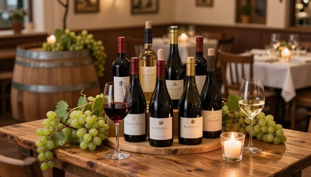 A beautifully arranged wine selection display on a rustic wooden table, featuring a variety of wine bottles including red, white, and sparkling options, all elegantly labeled. In the foreground, there are two wine glasses, one filled with a deep red wine and the other with a crisp white wine, glistening in soft, warm candlelight. In the middle ground, vibrant green grapevines curl around rustic wine barrels, enhancing the authentic Italian ambiance. The background showcases a charming Italian restaurant setting with soft-focus tables and warm, inviting lighting. The atmosphere is cozy and inviting, evoking the essence of a romantic dining experience. Use a slightly elevated angle to capture the table's arrangement and the inviting restaurant backdrop. Emphasize warm hues to evoke a sense of comfort and sophistication.