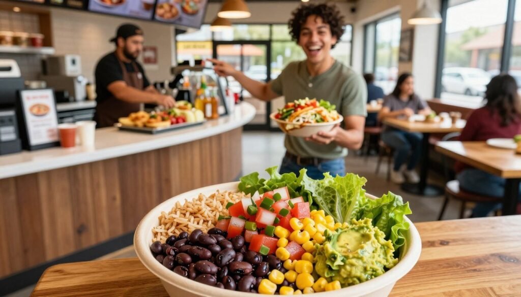 A brightly-lit Chipotle restaurant setting showcasing a vibrant, colorful vegan meal. In the foreground, an inviting burrito bowl filled with brown rice, black beans, fresh pico de gallo, corn salsa, guacamole, and lettuce, artfully arranged in a bowl. In the middle ground, a smiling person in casual attire (a t-shirt and jeans), joyfully holding a custom order with their other hand pointing at the display behind the counter. The background features a friendly staff member preparing food at the counter with other customers enjoying their meals at wooden tables. Soft natural light filters in through large windows, creating an inviting and warm atmosphere that conveys the excitement of choosing plant-based options. The angle is slightly elevated, offering a clear view of the meal and the vibrant restaurant scene.