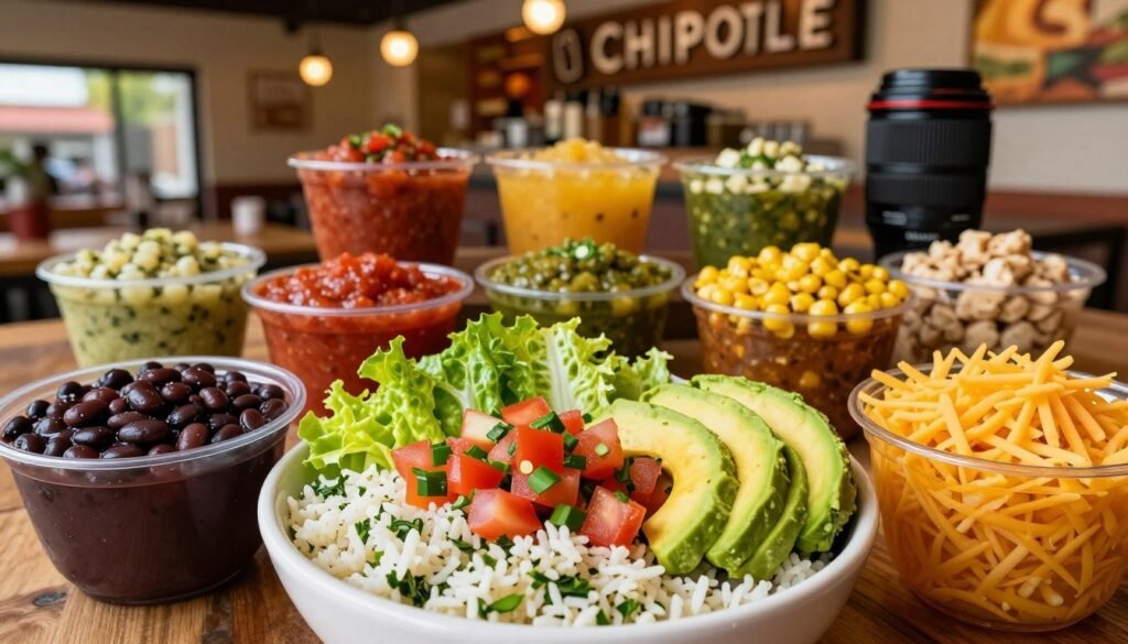 A colorful and appetizing display of Chipotle's gluten-free menu options in a vibrant setting. In the foreground, a beautifully arranged bowl features a base of fluffy cilantro-lime rice topped with fresh pico de gallo, crisp romaine lettuce, and sliced avocado. Glimmering bowls of gluten-free toppings like black beans, corn salsa, and shredded cheese are artfully placed around the main dish. The middle ground contains an assortment of Chipotle-style salsas displayed in small, transparent containers, showcasing their vibrant colors. The background features a softly blurred Chipotle restaurant interior with warm lighting, creating an inviting atmosphere. A Canon lens captures this scene from a slightly elevated angle, enhancing the vibrant colors and textures of the food, evoking a sense of freshness and healthiness. The overall mood is welcoming and delicious, perfect for highlighting gluten-free choices. A colorful and appetizing display of Chipotle's gluten-free menu options in a vibrant setting. In the foreground, a beautifully arranged bowl features a base of fluffy cilantro-lime rice topped with fresh pico de gallo, crisp romaine lettuce, and sliced avocado. Glimmering bowls of gluten-free toppings like black beans, corn salsa, and shredded cheese are artfully placed around the main dish. The middle ground contains an assortment of Chipotle-style salsas displayed in small, transparent containers, showcasing their vibrant colors. The background features a softly blurred Chipotle restaurant interior with warm lighting, creating an inviting atmosphere. A Canon lens captures this scene from a slightly elevated angle, enhancing the vibrant colors and textures of the food, evoking a sense of freshness and healthiness. The overall mood is welcoming and delicious, perfect for highlighting gluten-free choices.