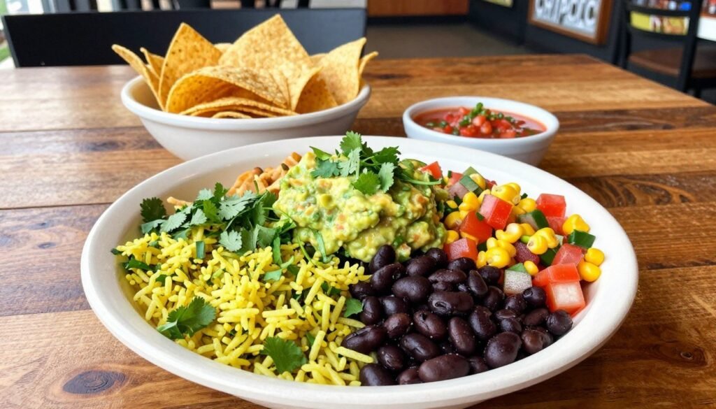 A colorful and appetizing overhead view of a gluten-free meal from Chipotle, beautifully arranged on a white plate. In the foreground, display a large burrito bowl filled with vibrant ingredients: cilantro-lime rice, black beans, fresh pico de gallo, corn salsa, and a generous dollop of guacamole. Sprinkle fresh cilantro over the top for garnish. In the middle ground, include a small bowl of tortilla chips and a side of tangy salsa. The background features a rustic wooden table and a softly blurred Chipotle restaurant interior, capturing a warm, inviting atmosphere. Natural light streams in, enhancing the freshness of the ingredients. The overall mood is vibrant and enjoyable, emphasizing healthy and safe eating choices at Chipotle. A colorful and appetizing overhead view of a gluten-free meal from Chipotle, beautifully arranged on a white plate. In the foreground, display a large burrito bowl filled with vibrant ingredients: cilantro-lime rice, black beans, fresh pico de gallo, corn salsa, and a generous dollop of guacamole. Sprinkle fresh cilantro over the top for garnish. In the middle ground, include a small bowl of tortilla chips and a side of tangy salsa. The background features a rustic wooden table and a softly blurred Chipotle restaurant interior, capturing a warm, inviting atmosphere. Natural light streams in, enhancing the freshness of the ingredients. The overall mood is vibrant and enjoyable, emphasizing healthy and safe eating choices at Chipotle.
