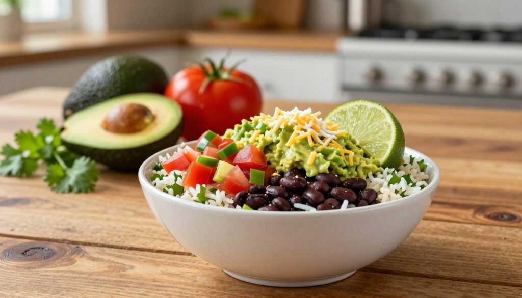 A vibrant and enticing Chipotle burrito bowl, prominently displayed in the foreground on a rustic wooden table. The bowl is filled with colorful layers: fluffy cilantro-lime rice, tender black beans, fresh pico de gallo, and creamy guacamole, all topped with a sprinkle of cheese and a lime wedge for garnish. In the middle ground, a few fresh ingredients are artistically arranged, such as avocados, tomatoes, and cilantro, enhancing the sense of freshness and healthiness. The background features a softly blurred, warm kitchen setting with natural light streaming in, creating a welcoming and wholesome atmosphere. Capture the image from a slightly elevated angle to provide a dynamic view of the bowl’s textures and colors, evoking a sense of appetizing appeal and a healthy dining choice. A vibrant and enticing Chipotle burrito bowl, prominently displayed in the foreground on a rustic wooden table. The bowl is filled with colorful layers: fluffy cilantro-lime rice, tender black beans, fresh pico de gallo, and creamy guacamole, all topped with a sprinkle of cheese and a lime wedge for garnish. In the middle ground, a few fresh ingredients are artistically arranged, such as avocados, tomatoes, and cilantro, enhancing the sense of freshness and healthiness. The background features a softly blurred, warm kitchen setting with natural light streaming in, creating a welcoming and wholesome atmosphere. Capture the image from a slightly elevated angle to provide a dynamic view of the bowl’s textures and colors, evoking a sense of appetizing appeal and a healthy dining choice.