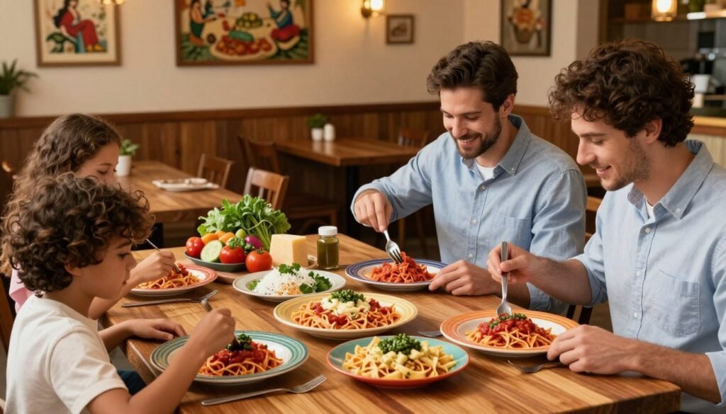 A vibrant and inviting scene of an Olive Garden restaurant featuring a sleek, wooden table adorned with colorful plates of freshly made pasta. In the foreground, a family of four, dressed in smart casual attire, is enthusiastically customizing their pasta dishes with a variety of sauces and toppings, such as marinara, Alfredo, and pesto. In the middle ground, visible ingredients include fresh vegetables, herbs, and grated cheese arranged neatly on the table. The background captures the warm ambiance of the Olive Garden, with soft, golden lighting illuminating rustic decor and Italian-themed artwork on the walls. The overall mood is cheerful and familial, encouraging a sense of shared joy in creating personalized meals. The image is taken at eye level with a slight depth of field, focusing on the pasta customization activity while softly blurring the restaurant's environment.