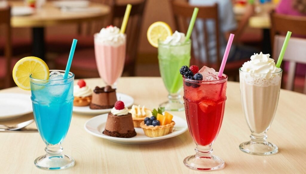 A vibrant and inviting table setting showcasing a selection of Olive Garden kids drinks, featuring colorful, child-friendly beverages in playful cups with fun straws. In the foreground, a bright blue lemonade with an animated lemon slice, a vibrant red fruit punch garnished with fresh berries, and a creamy white milkshake topped with whipped cream. The middle ground captures a small assortment of dessert options like chocolate mousse and mini fruit tarts, artfully arranged on plates. The background includes a soft-focus depiction of an Olive Garden dining scene, with warm lighting enhancing the cozy, family-friendly atmosphere. Shot from a slightly elevated angle, the image exudes a cheerful and delightful mood, perfect for enticing young diners.