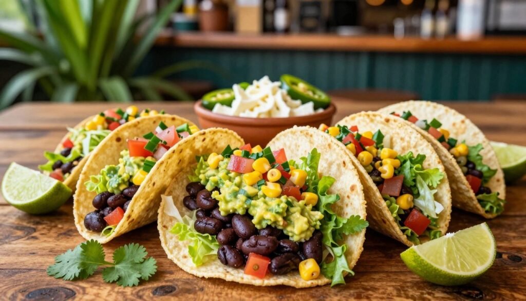 A vibrant display of Chipotle vegan tacos, artistically arranged on a rustic wooden table. In the foreground, the tacos are filled with colorful ingredients: fresh guacamole, black beans, pico de gallo, corn salsa, and crisp lettuce, all nestled in warm, soft corn tortillas. Surrounding the tacos, scattered lime wedges and cilantro add a pop of color. In the middle ground, a small bowl of additional toppings, such as jalapeños and vegan cheese, enhances the presentation. The background features a softly blurred bar with vibrant green plants and rustic decor, creating a warm, inviting atmosphere. The lighting is natural and warm, highlighting the textures and colors of the food, captured from a top-down angle to emphasize the delicious details and create a mouth-watering effect.