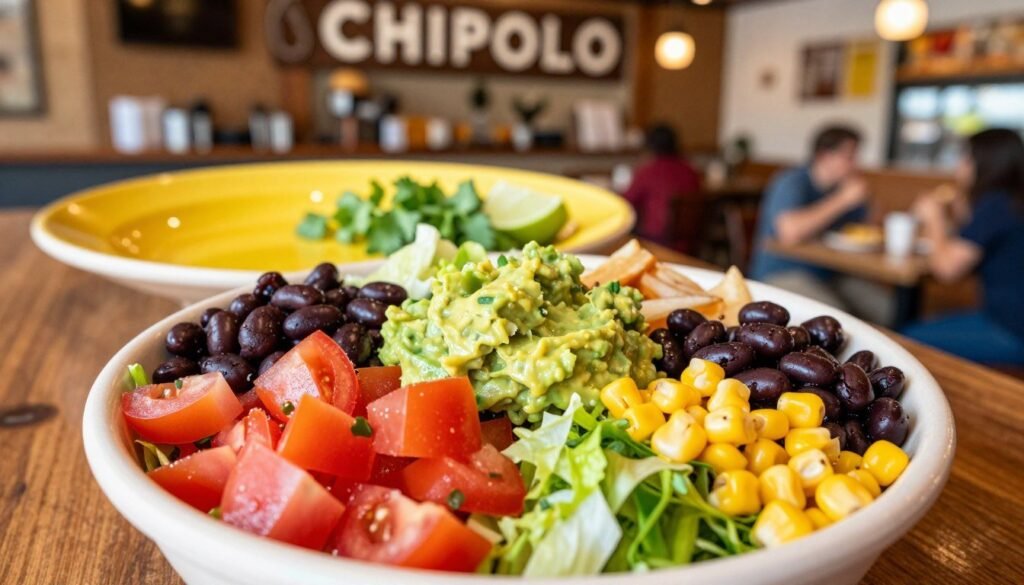 A vibrant, top-down view of a gourmet Chipotle bowl filled with healthy ingredients. In the foreground, a colorful array of fresh toppings like diced tomatoes, crisp lettuce, black beans, corn salsa, and guacamole artfully arranged in the bowl. The middle section includes a bright ceramic plate with a sprinkle of cilantro and lime wedges, emphasizing freshness. In the background, a softly blurred Chipotle restaurant interior filled with warm lighting, wood elements, and patrons enjoying their meals in a casual dining atmosphere. The scene conveys a sense of health and vitality, with natural lighting highlighting the fresh ingredients. Use a shallow depth of field to keep the focus on the bowl while creating a welcoming environment. Emphasize the nutritious choices without clutter, invoking a mood of wellness and satisfaction.