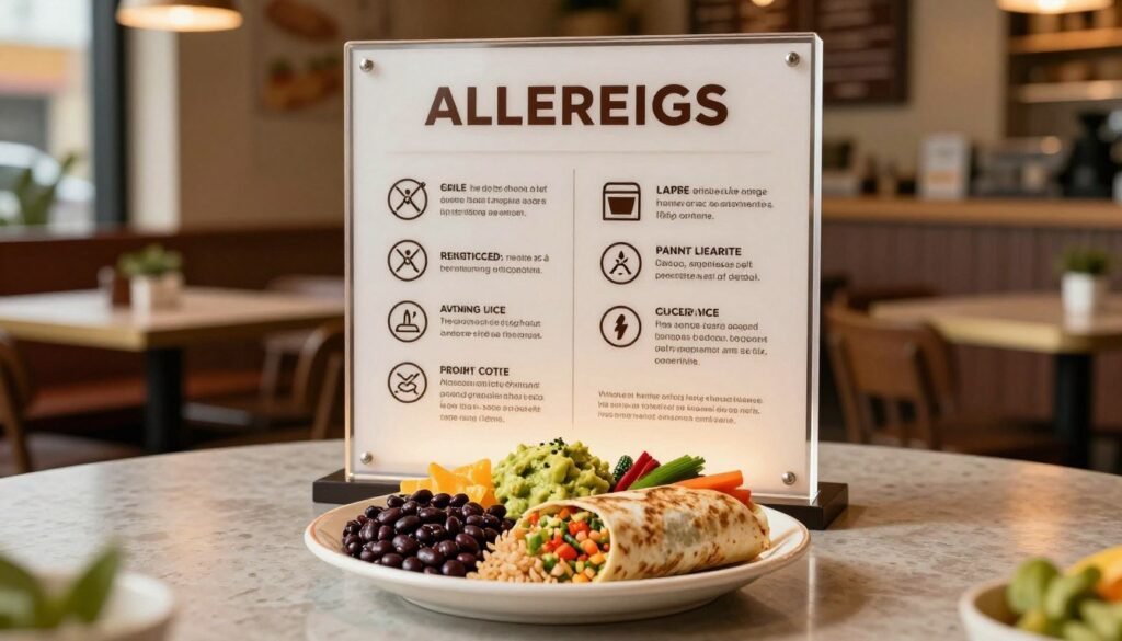 A visually appealing and informative scene focused on Chipotle's allergy information. In the foreground, a neatly arranged plate featuring a burrito bowl with vibrant ingredients like black beans, brown rice, fresh guacamole, and colorful vegetables. The middle section displays an elegant, transparent acrylic menu board showcasing allergy symbols and ingredient transparency, highlighted with soft, warm lighting. The background features a cozy yet modern Chipotle restaurant interior, with tables, chairs, and plants creating an inviting atmosphere. The image captures a sense of care and responsibility towards customers, emphasizing health and transparency. Soft shadows enhance the depth and texture, while a shallow depth of field draws attention to the allergy information.