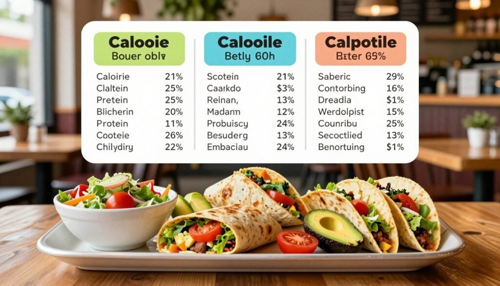 A visually appealing, informative presentation of Chipotle dietary information. In the foreground, a neatly arranged platter showcasing a variety of colorful Chipotle menu items, like burrito bowls, salads, and tacos, highlighting fresh ingredients such as avocados, tomatoes, and lettuce. In the middle ground, a tasteful infographic displaying nutritional facts like calorie counts, protein levels, and ingredient benefits, all in vibrant, easy-to-read formats. The background features a softly lit restaurant interior, with wooden tables and greenery, creating a warm and inviting atmosphere. The lighting is bright but natural, reminiscent of a sunny day, enhancing the freshness of the food. The overall mood is healthy and inspiring, encouraging viewers to consider nutritious choices in their meals.