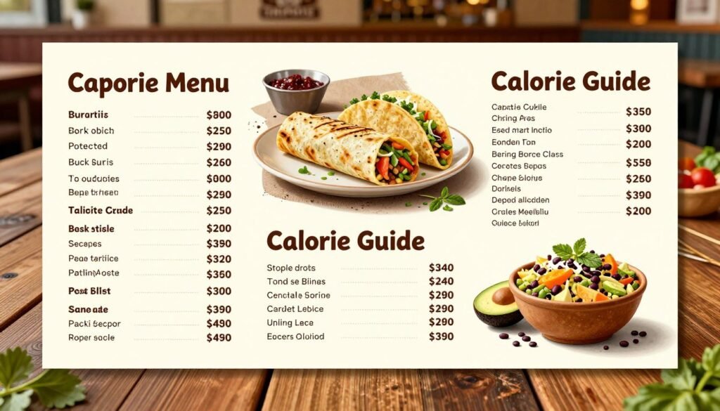 A visually engaging and informative illustration of a Chipotle menu calorie guide, set on a rustic wooden table. In the foreground, detailed sections from the menu showcasing various items like burritos, tacos, and bowls with their corresponding calorie counts prominently displayed. Each dish is artistically arranged, perhaps with fresh ingredients like avocados, beans, and vibrant herbs around them. The middle ground features a plate of Chipotle food, beautifully garnished to highlight texture and color, under soft, warm lighting that evokes a welcoming atmosphere. The background can include a blurred Chipotle restaurant setting, creating a casual dining vibe. The overall mood should be inviting and educational, ideal for readers interested in nutrition and healthy choices. A visually engaging and informative illustration of a Chipotle menu calorie guide, set on a rustic wooden table. In the foreground, detailed sections from the menu showcasing various items like burritos, tacos, and bowls with their corresponding calorie counts prominently displayed. Each dish is artistically arranged, perhaps with fresh ingredients like avocados, beans, and vibrant herbs around them. The middle ground features a plate of Chipotle food, beautifully garnished to highlight texture and color, under soft, warm lighting that evokes a welcoming atmosphere. The background can include a blurred Chipotle restaurant setting, creating a casual dining vibe. The overall mood should be inviting and educational, ideal for readers interested in nutrition and healthy choices.