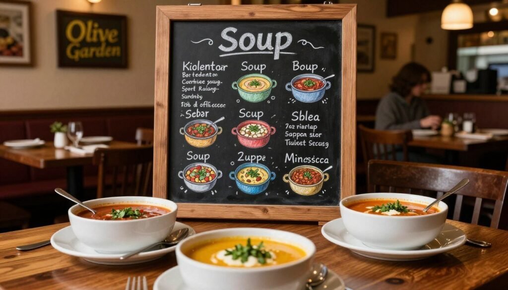A warm, inviting Olive Garden restaurant interior featuring a detailed soup menu on a chalkboard, surrounded by a cozy, rustic atmosphere. In the foreground, a wooden table set with an assortment of hearty bowls of soup, including minestrone and zuppa toscana, garnished with fresh herbs. The middle ground showcases an elegant soup menu displayed prominently, highlighting a variety of delicious options, each illustrated with appetizing colors. Soft, warm lighting creates an inviting mood, enhancing the textures of the soups and the wooden decor. The background features softly blurred images of Olive Garden’s charming interior, with diners enjoying their meals. The angle should be slightly elevated, capturing the richness of the soups and the overall warm ambiance of the restaurant.